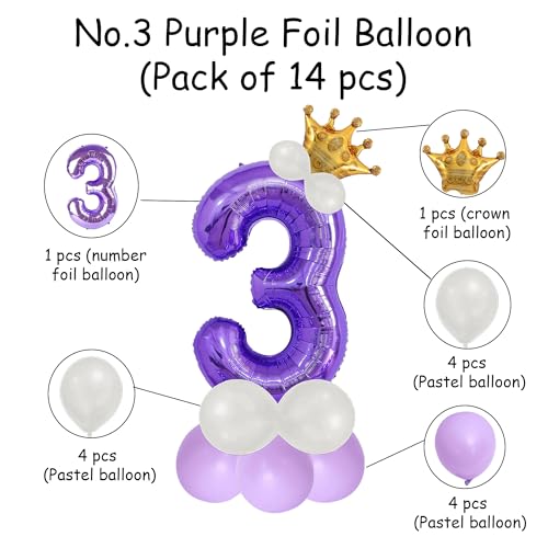 Image of Purple 3 Number Foil Balloon with Crown & Base Balloons | 32 Inch Helium Supported for Birthday, Anniversary, Baby Shower Decoration - Pack of 14