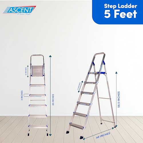 Image of ASCENT Ladder for Home 6 Steps Foldable Step Ladder with 12-Inch Wide Anti-Skid Platform | Virgin Aluminium Material for Strength & Stability | Heavy Duty | 5 Year Warranty | 180 kg Capacity