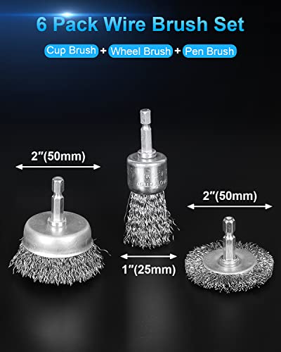rocaris 6 pack carbon steel wire wheel and pen brush set with 14-inch hex shank for rust removal corrosion and scrub surfaces