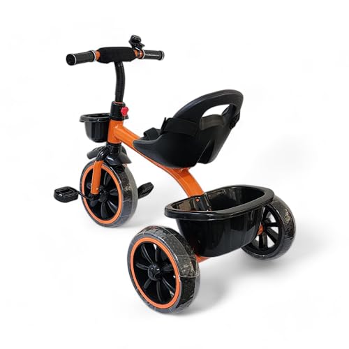 Image of MEKASHI T-001RW Plug N Play Kids Trike /Baby Tricycle, Big Size Storage Basket, Bell, Comfortable Seat with Seat Belt, 12 to 48 Months, Load Upto 35Kg, Easy Assembly, Heavy Guage Steel Frame, Orange