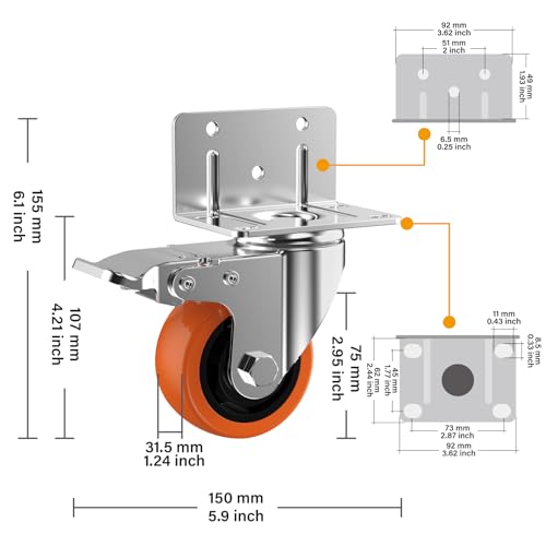 Image of 3inch L-Shaped Caster Wheels, Side Mount Casters Set of 4, Heavy Duty Casters with Brake, Double Bearing Locking Polyurethane(PU) Wheels for Baby Beds /Cabinets /Furniture（4 Pack