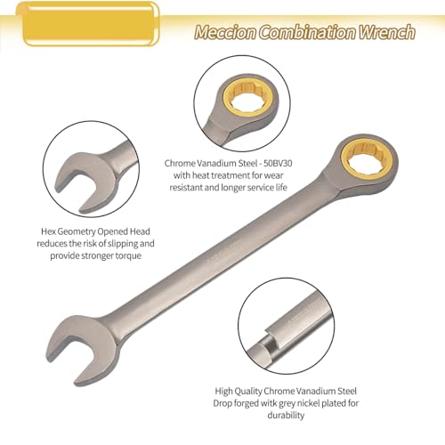 Image of Meccion Combination Wrench 14mm Metric Open End Ratcheting Wrench - Industrial Grade Gear Spanner with Grey Nickle Plated