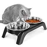 Picture of Befoco Elevated Cat Bowls - Anti-Vomiting Raised Food Bowl Set With 2 Stainless Steel Bowls, Prevents Neck Pain, ABS Anti-Slip Stand for Indoor Cats & Puppies (Black)