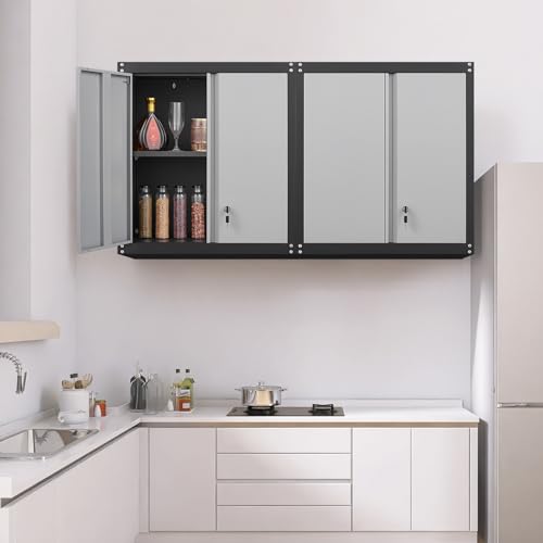 GREATMEET-Lockable-Storage-Cabinet-Metal-Garage-Storage-Cabinets-Metal-Wall-Cabinet-for-Garage-Wall-Mount-Cabinet-with-Lock-and-Adjustable-Shelf-Floating-BlackGrey