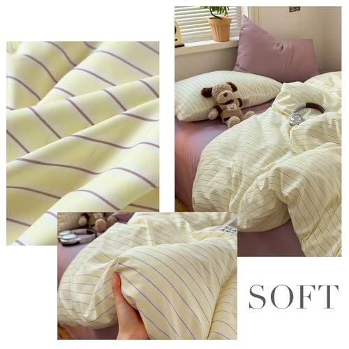 Image of VM VOUGEMARKET Kawaii Cream Yellow Purple Striped Microfiber Duvet Cover Set, Lightweight Soft Pastel Line Pattern Bedding Set for Cozy Aesthetic Bedroom-Queen,90 inchx90 inch