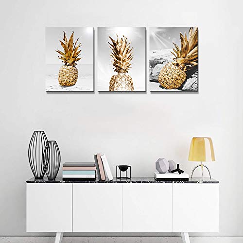 DZRWUBHS Framed Canvas Wall Art For bedroom Black And White Wall Decoration For kitchen Dining Room Office Beach Scenery Golden Pineapple Paintings Artwork Ready To Hang Living Room Home Decor