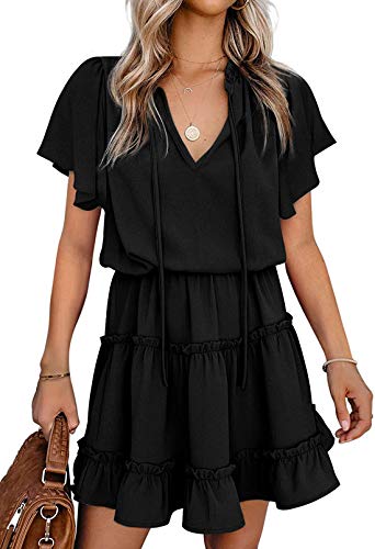 Selowin Ladies Summer V Neck Ruffle Swing Dress Short Sleeve Chiffon Dresses Black M
