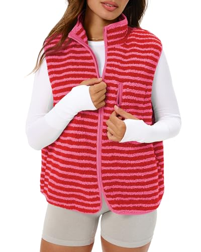 Gacaky Women's Striped Vest Winter Warm Cropped Stand Collar Full Zip Sleeveless Fleece Jacket Zip Gilet Fashion Trendy Tops Red XL