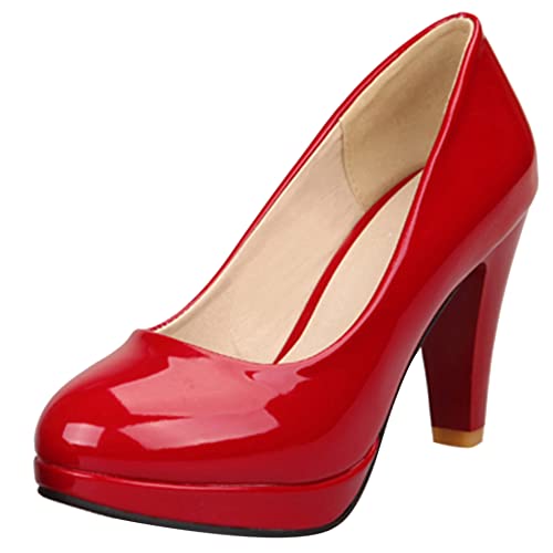 Décolleté con Tacco a Cono da Donna, Pompe al Tallone Alto Punta Rotonda Senza Chiusura Scarpe da Sera con Plateau Moda Dweoxy Rosso Numero 42 EU