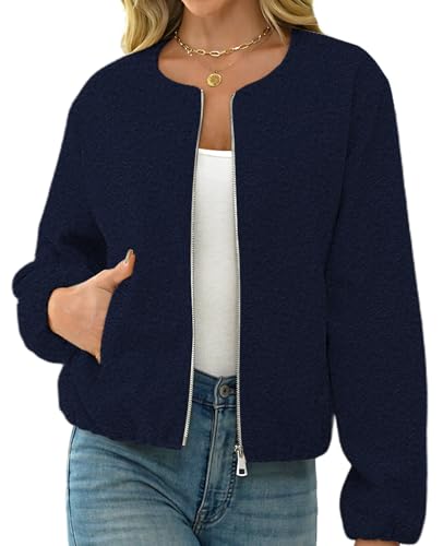 Womens Bomber Jackets Fall Winter Cropped Zip Up Coat Hoodless Outwear with Welt Pockets