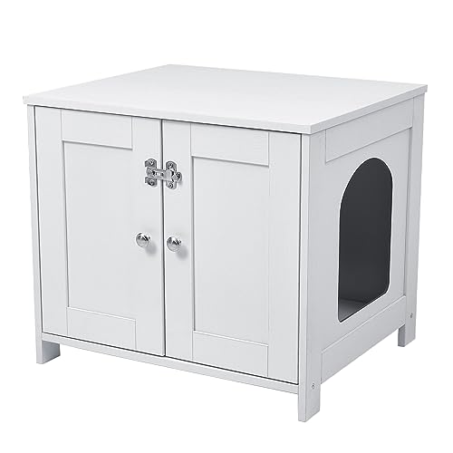 The Fellie Cat Litter Box Enclosure, Wooden Cabinet Litter Tray, Hidden Litter Box Furniture with Double Doors & Ventilation Holes, Spacious Storage, Indoor Cat House, End Table, L60*W51*H53cm, White