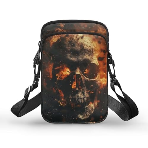 TSOVTHRID Skull Fire Flame Pattern Mens Shoulder Bag, Small Crossbody Bags Detachable Messenger Bag Smart Phone Case
