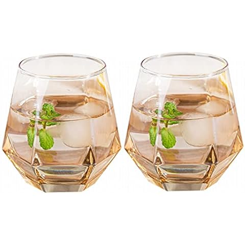 LKMY Crystal Whiskey Glass Gift Set of 2, 300ml Hexagonal Corner Tumbler Glass Set, Barware Bourbon Brandy Wine Beer Cup Tea Cup Glasses (Amber) Cover