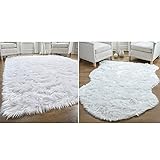 Gorilla Grip Faux Fur Rectangle Area Rug and Faux Fur Sheepskin Area Rug, Both in Pure White Color,...
