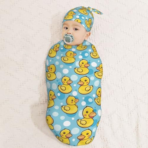 Image of Kawaii Happy Duck Newborn Swaddle Blankets Hat Sets Soft Baby Receiving Blanket Swaddle Sack for Baby Shower Infant Boy Girl Gift