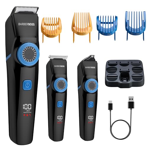 BarberBoss Recortador de barba para hombre, recortador de pelo 3 en 1, pantalla LED, 3 cabezales de corte, carga USB y diseño impermeable, kit de aseo recargable con esfera de precisión