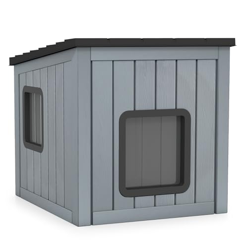 GYMAX - GYMAX Niche pour Chien Chat en Plastique Imperméable, 2 Entrées avec Rideaux, avec Toit Incliné et Trous pour Drainage, Utilisation Extérieure Intérieure, Installation Facile, 54 x 63 x 56,5 cm