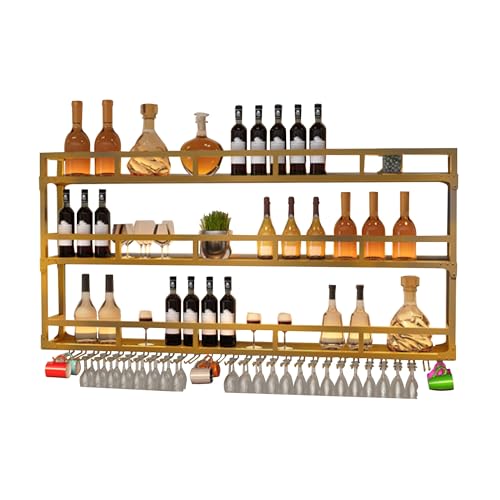 Estante de vino montado en la pared con luz LED, soporte para botellas de metal de 2 niveles y estante de vidrio, diseño delgado para cocina y comedor, elegante solución de almacenamiento de minibar