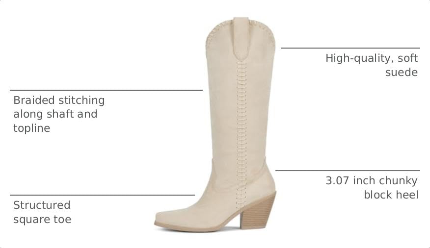 Image of wetkiss Women's Knee High Cowboy Boots | Western Cowgirl, Embroidered Pointed Toe, PU Leather, Chunky Heel, Pull On Tall