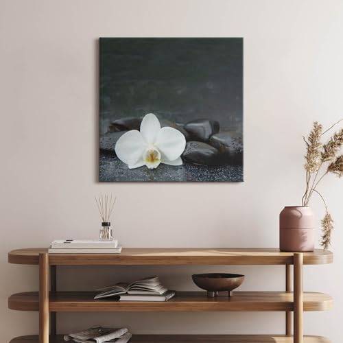 Tableaux 60x60cm Pierres Zen fleurs blanches Wallfluent
