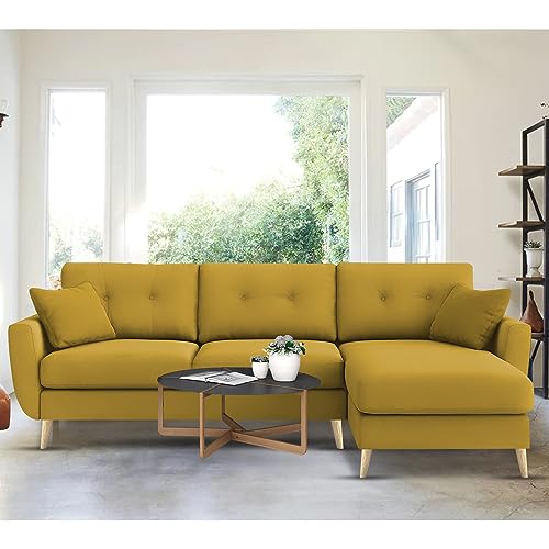 Image of BRAXTON Lindel RHS 4 Seater L Shape Sofa Set for Living Room (Yellow) Premium Velvet Fabric Sofa