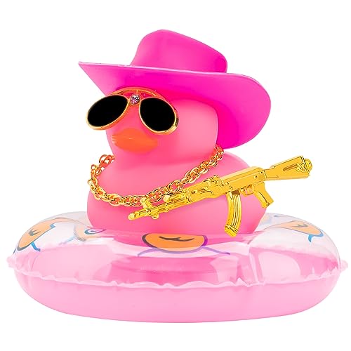 Image of wonuu Car Ornament Rubber Duck, for Car Dashboard Decoration Accessories with Hat Swim Ring Necklace Sunglasses, A Pink&Pink Cowboy Hat&Pink Duck