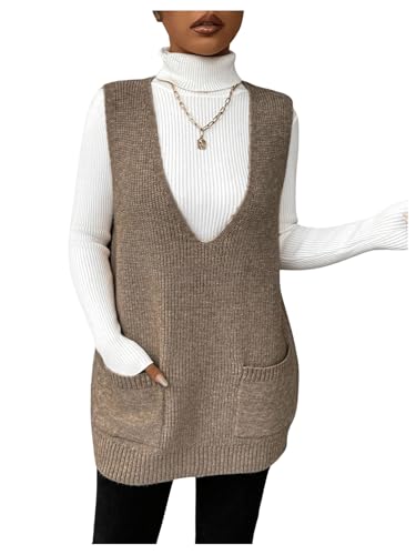 Image of SHENHE Women's Deep V Neck Long Sweater Vest Casual Loose Knit Tunic Pullover with Pockets