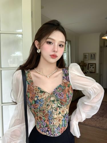 Image of ICW Women French Style Retro Vintage Lace-Up Floral Jacquard Square Neck Smock Puff Sleeve Ruffled Crop Blouse Corset Top Dn29