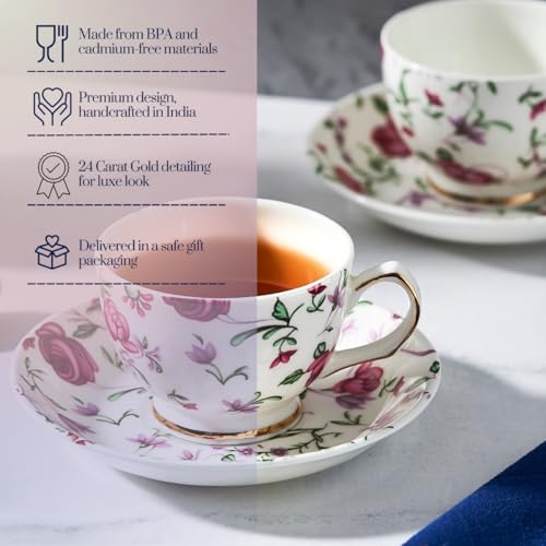 Image of GOLDEN QUEEN'S Cup & Saucer Set | Perfect for Hosting & for Tea /Coffee Lovers | Handcrafted in India, Inspired by Florals & 24-Carat Gold Rim | 6 Cups & 6 Saucers |170 ml (Button Rose)