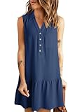 Dokotoo Womens Sundresses 2025 Spring Summer V-Neck Button Up Sleeveless Pockets Mini Dress Casual Tank Dress Navy Blue Small