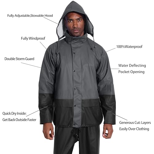 Image of Men's PRO Workwear 3-Piece Waterproof PU Rain Suit - Heavy Duty Hooded Jacket & Bib Pants for Outdoor Work, Sea Fishing