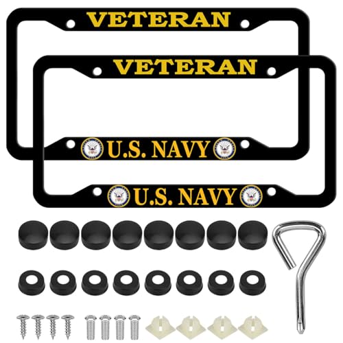2 Pcs Aluminum Veteran License Plate Frame for U.S. Navy 4-Hole Matte Black for USN Car Licenses Plate Covers Holders Frames for Plates with Screw Caps