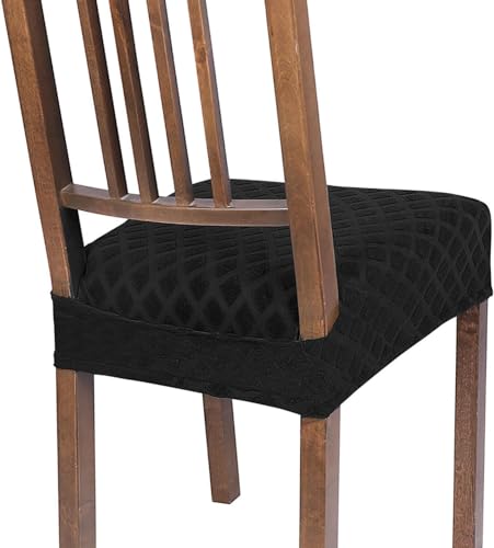 Image of SearchI Stretch Dining Chair Seat Covers Set of 6, Soft Removable Washable Seat Covers for Dining Chairs, Dining Room Seat Cover Slipcover Protector (Rear-Covered, Black Diamond Jacquard)