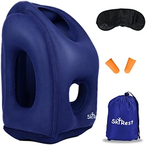 Skyrest Inflatable Travel Pillow - Neck Pillows for Travel, Travel Pillows for Sleeping Comfortably on Airplanes, Airplane Pillow for Buses, Cars, Office & Trains-Free Eye Mask and Earplugs- Blue