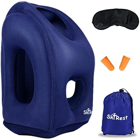 Skyrest Inflatable Travel Pillow - Neck Pillows for Travel, Travel Pillow for Sleeping Comfortably on Airplanes, Airplane Pillow for Buses, Cars, Office & Trains-Free Eye Mask & Earplugs- Blue, 2 Pack Cover