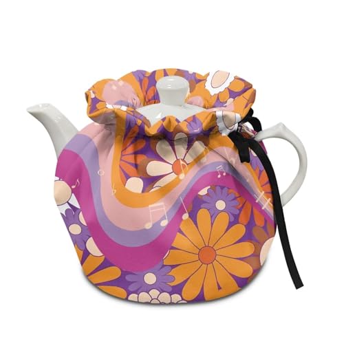 Image of Hippie Flowers Music Show Window Teapot Cozies, Heat Preservation Teapot Dust Cover with Drawstring Creative Kitchen Tea Pot Cover, Home Kitchen Table Hotel Christmas Decor