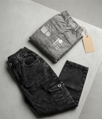 Image of Boys Cargo Pants, Kids Cargo Jeans with Pockets, Adjustable Waist, Stretch Denim Casual Pants for Boys