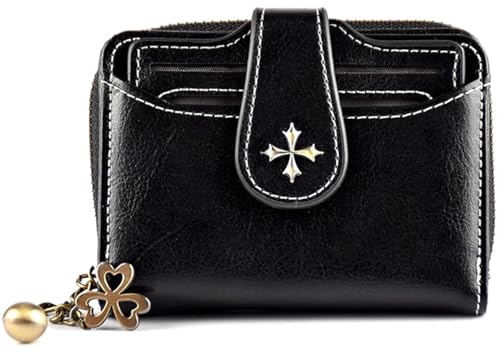 Real Leather Wallet Vintage Goth Bifold with Zipper Coin Pocket Black (Black)