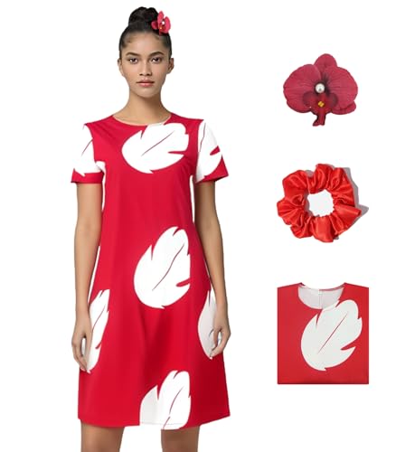 AYYOHON Lilo - Fantasia de princesa havaiana para mulher, vestido de folha de princesa, fantasia de cosplay, cor vermelha, manga curta, festa de verão, fato casual de Halloween, 3XL