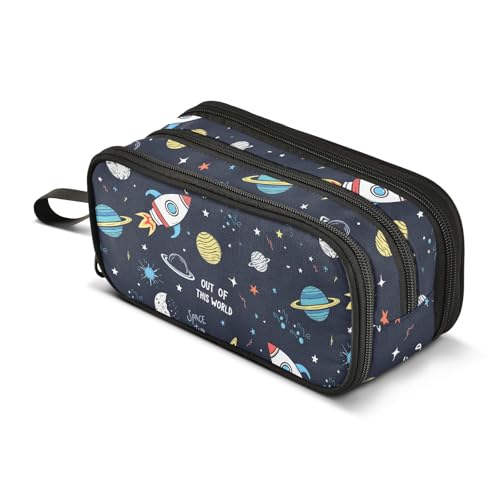 Image of Space Rocket Planet Pencil Case Box Boys Girls Large Pencil Pouch with Zipper Compartments Big Capacity Stationery Pen Bag Organizer for Kids Teens Adults School Office