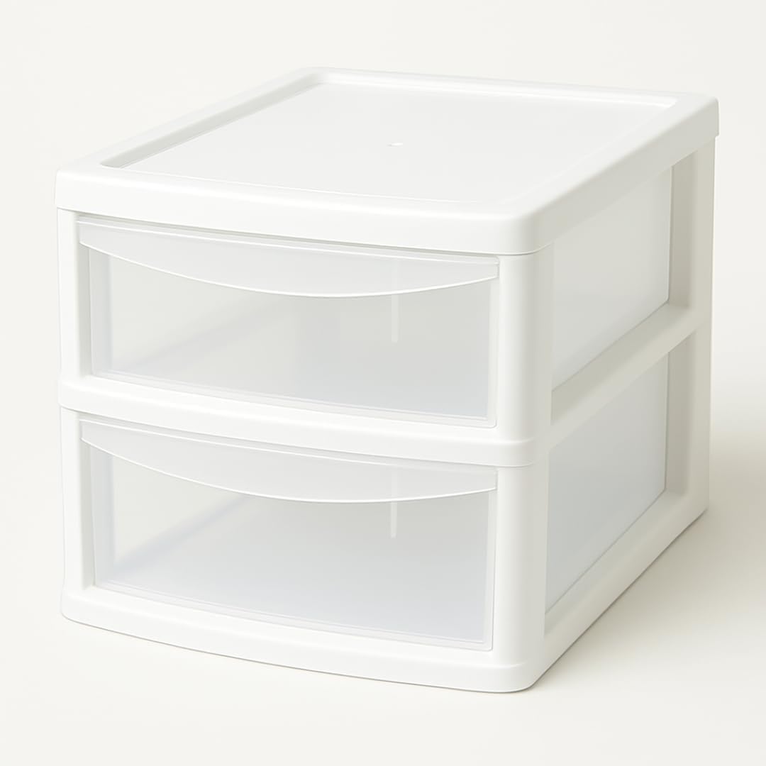 A4 Clear Slim Storage Drawer - Plastic Multipurpose Desktop Storage Unit - Space Saving Organiser For Stationery, Craft Supplies, Document Organiser Desk Storage Drawers (White/Clear, 2 Tier) — image 1