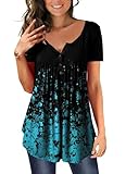 Ulovmi Plus Size Womens Tunic Tops To Wear With Leggings Summer Short Sleeve Henley Shirts Casual Ruffles Button Up Blouses Blue Broken Floral on Black 3XL