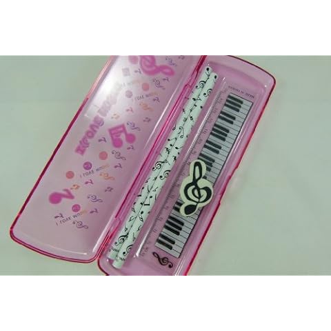 Music Themed Pink Pencil Case Stationery Set - 15cm Ruler, Eraser and 2 Pencils Cover