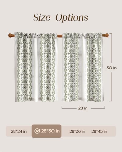 Image of Miss Adola Boho Kitchen Curtains - 30 Inch Length Linen Blend Green Floral Cafe Curtains Farmhouse Tier Curtain Short Drapes Rod Pocket for Bathroom Living Room Windows Light Filtering, 2 Panels
