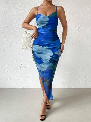 Image of LIGHT DOT Women's Spaghetti Strap Printed Bodycon Ruched Midi Cocktail Dress Sexy Cowl Neck Tie Dye