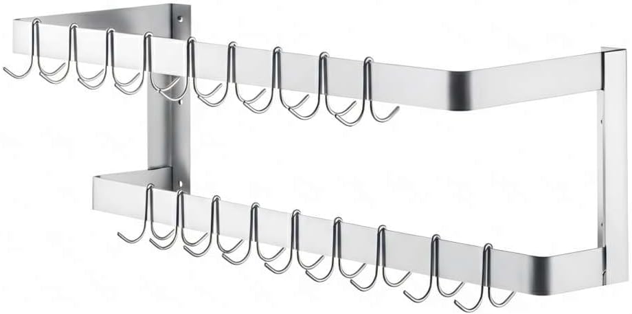 24" Stainless Steel Wall Mounted Double Line Pot Rack with 18 Hooks, Commercial Kitchen Use