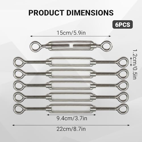 Turn Buckle Tensioner 6 piezas, tensor de acero inoxidable 304 ajustable O a O para cables, velas de sombra, colgado de luces y barandales de cubierta miniatura 2