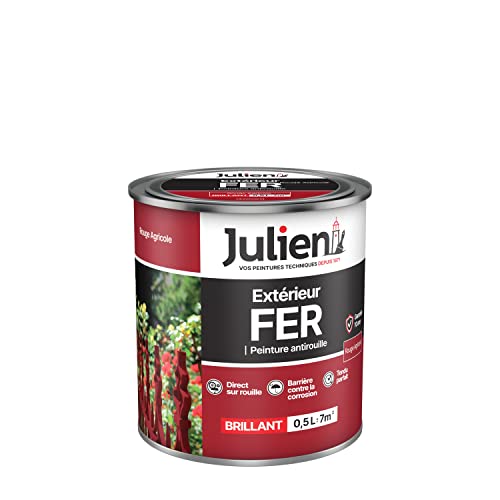 Julien Peinture Fer Anti-Rouille Brillant - Portes, grilles, portails, mobilier de jardin en métal - Rouge Agricole 0,5 L