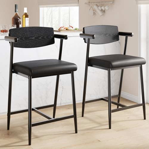 Image of GarveeHome Bar Stools Set of 6 with Arms, 26 inch Modern 6pcs Counter Height Metal Barstools Set with Wood Back & Footrest, Wider Seat, Sturdy Frame, for Counter Bar, Kitchen Island, Retro Black