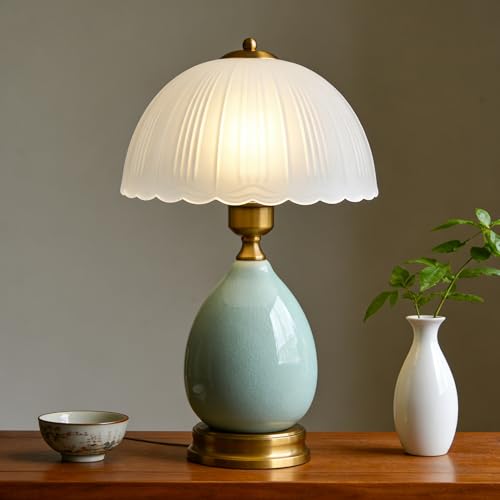 Table Lamps for Bedroom Vintage Golden Table Lamps for Bedroom Ceramic Retro Lamp for Living Room,16' Modern Bedside Nightstand Traditional Lamps, Classic Chinoiserie Green Glass Lamp for Home Decor